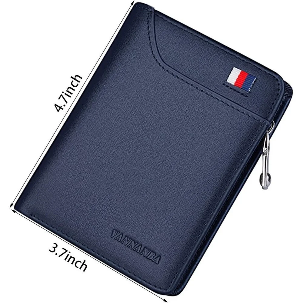 Men's Wallets Card Blue Genuine Leather Slim Front Zipper Coin Pocket Design